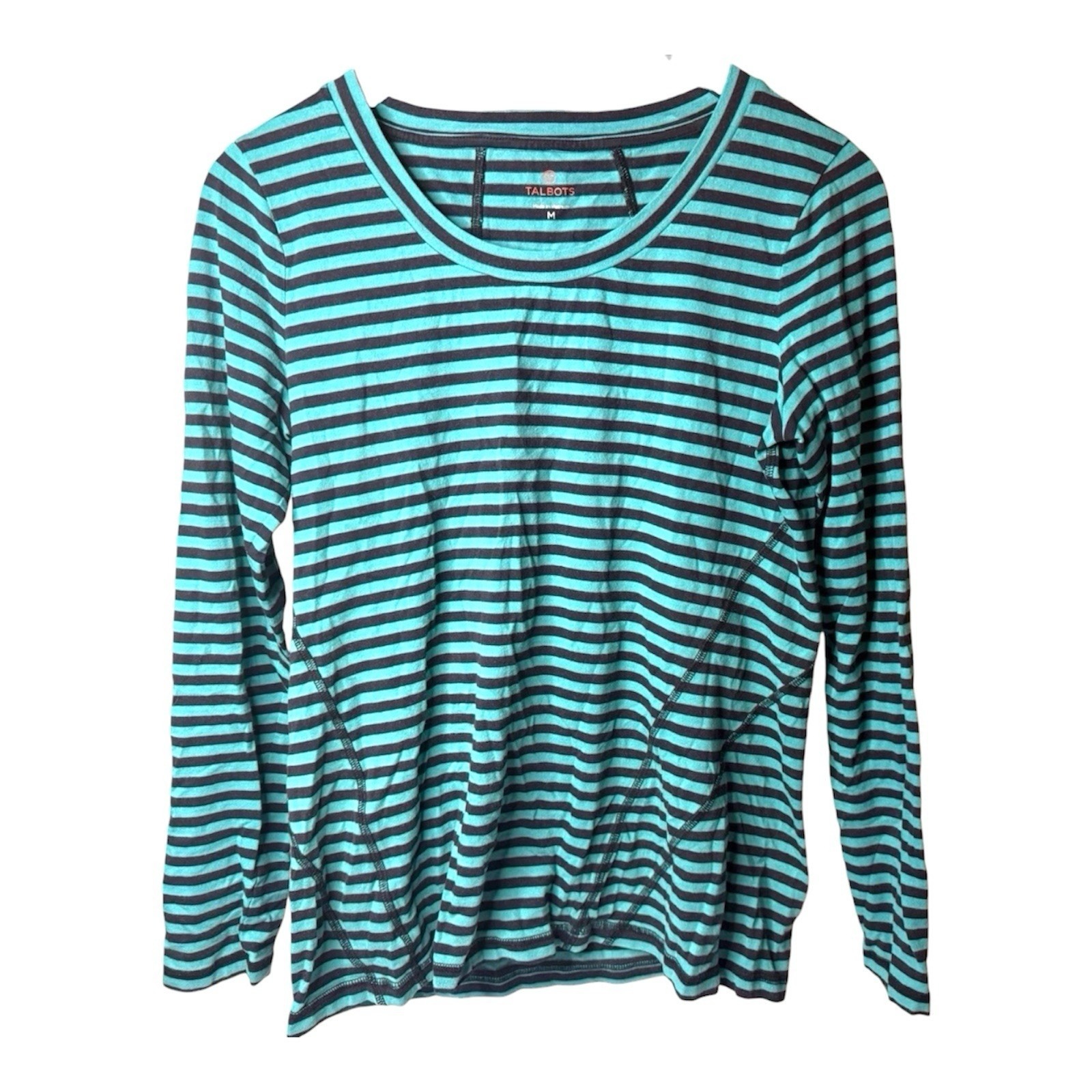 Talbots Size Medium Teal And Black Striped Long Sleeve T-Shirt